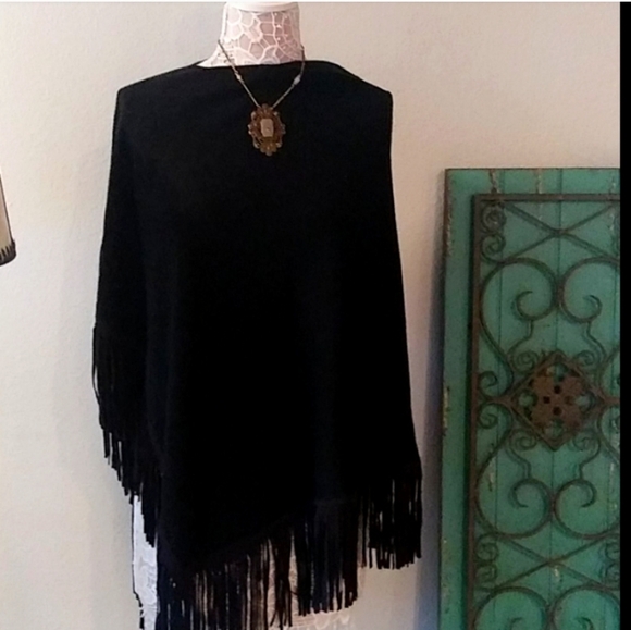 Black Lightweight Wool Fringe Poncho - Picture 1 of 4